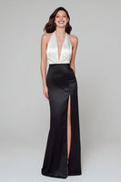 Load image into Gallery viewer, Black and White Halter Satin Long Formal Dress with Slit