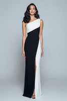 Load image into Gallery viewer, Black and White Satin Patchwork Long Formal Dress with Slit