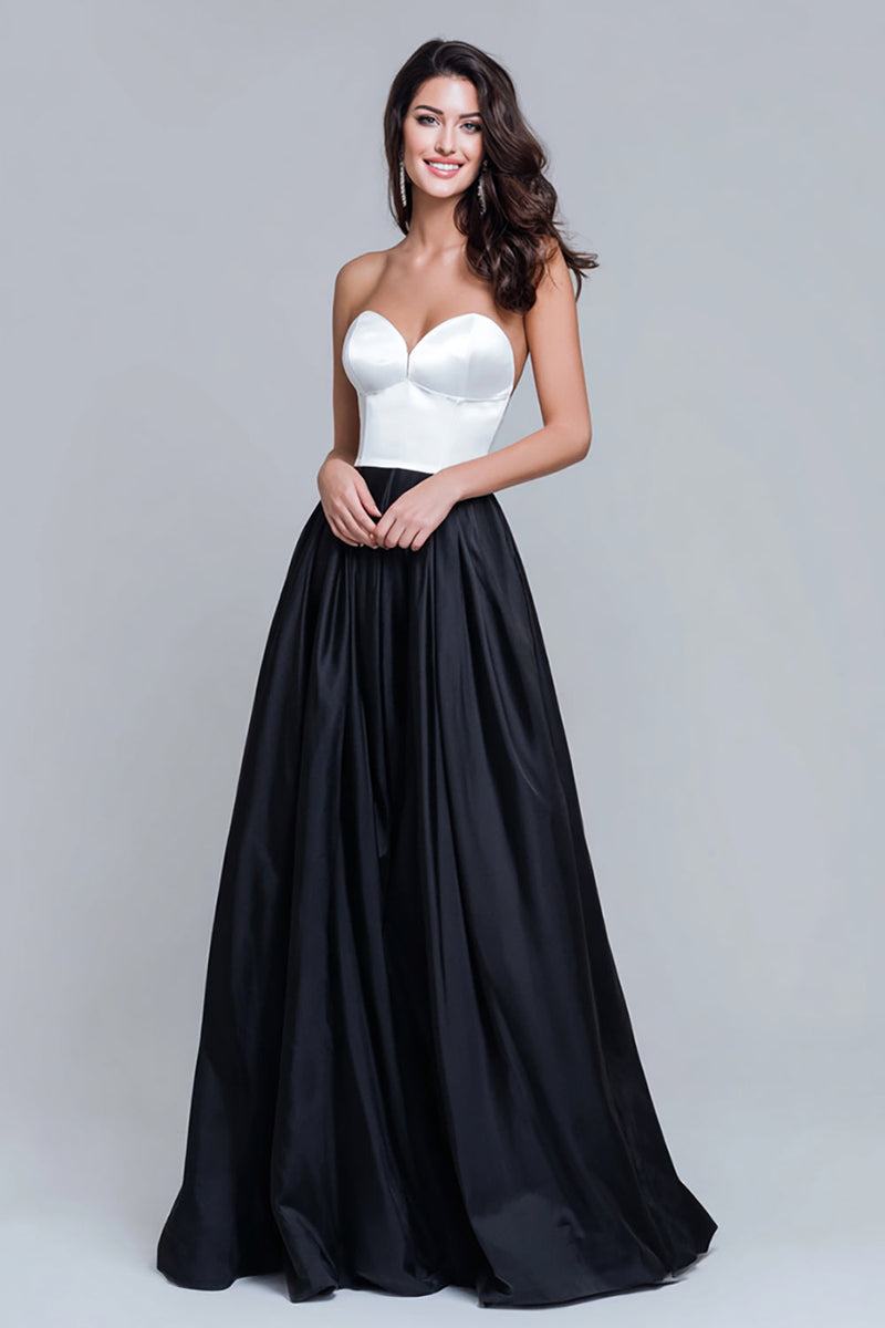 Load image into Gallery viewer, Black and White Sweetheart Satin Long Formal Dress