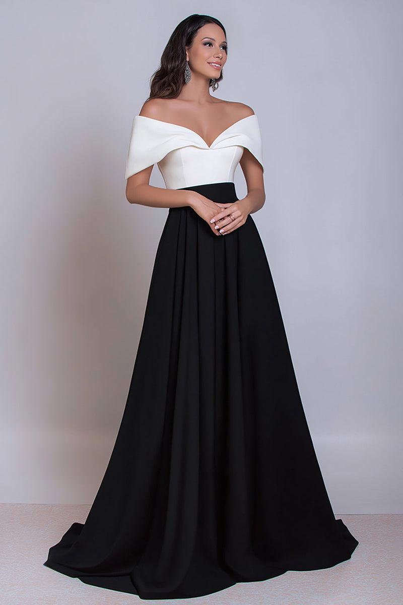 Load image into Gallery viewer, Black and White Satin Off the Shoulder Long Formal Dress