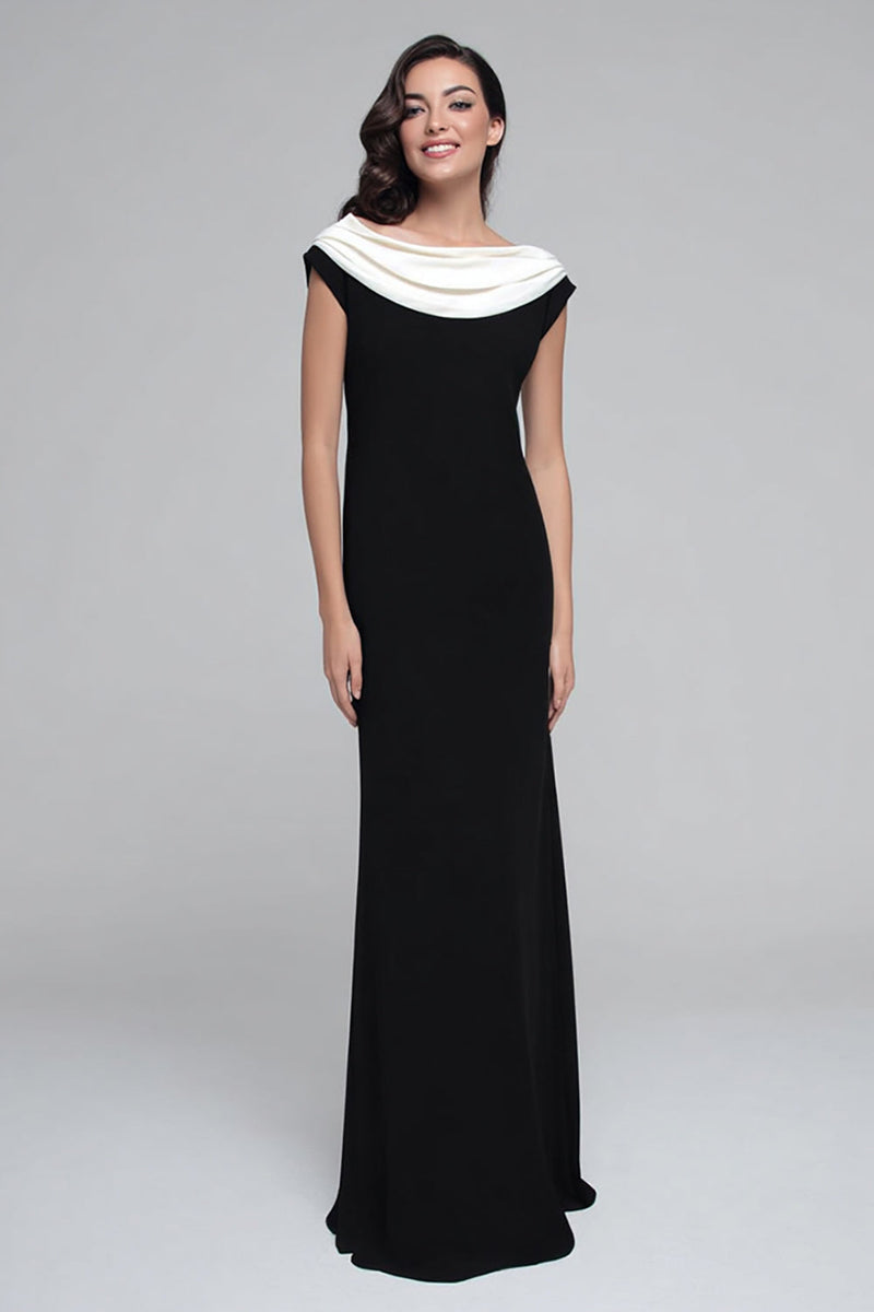 Load image into Gallery viewer, Black and White Satin Boat Neck Sheath Long Formal Dress