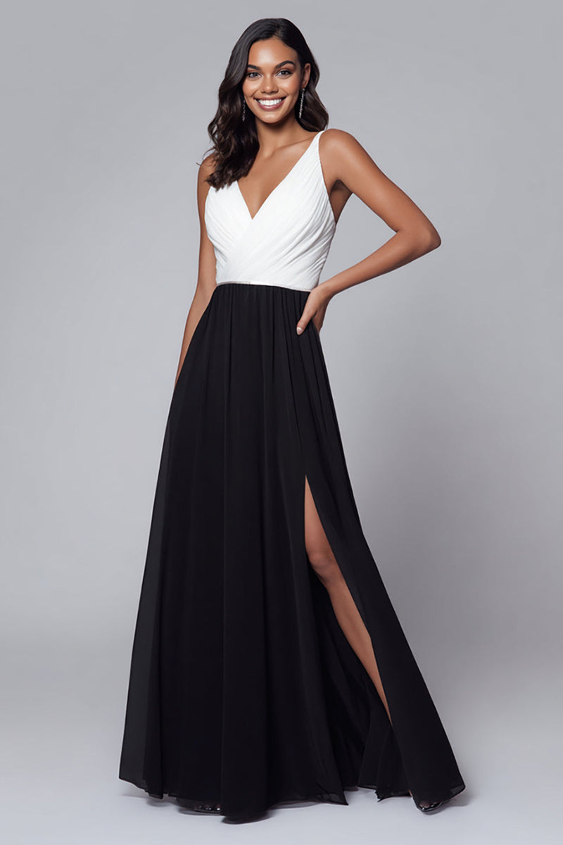 Load image into Gallery viewer, Black and White A Line V-Neck Ruched Long Formal Dress with Slit