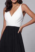 Load image into Gallery viewer, Black and White A Line V-Neck Ruched Long Formal Dress with Slit