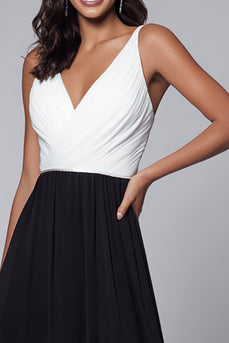 Black and White A Line V-Neck Ruched Long Formal Dress with Slit