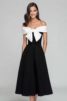 Load image into Gallery viewer, Black and White Off the Shoulder A Line Long Formal Dress with Bow