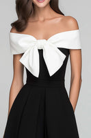 Load image into Gallery viewer, Black and White Off the Shoulder A Line Long Formal Dress with Bow