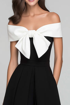 Black and White Off the Shoulder A Line Long Formal Dress with Bow