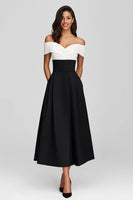 Load image into Gallery viewer, Women Satin Black and White Tea Length Formal Dress Off the Shoulder A-Line Black Tie Dress