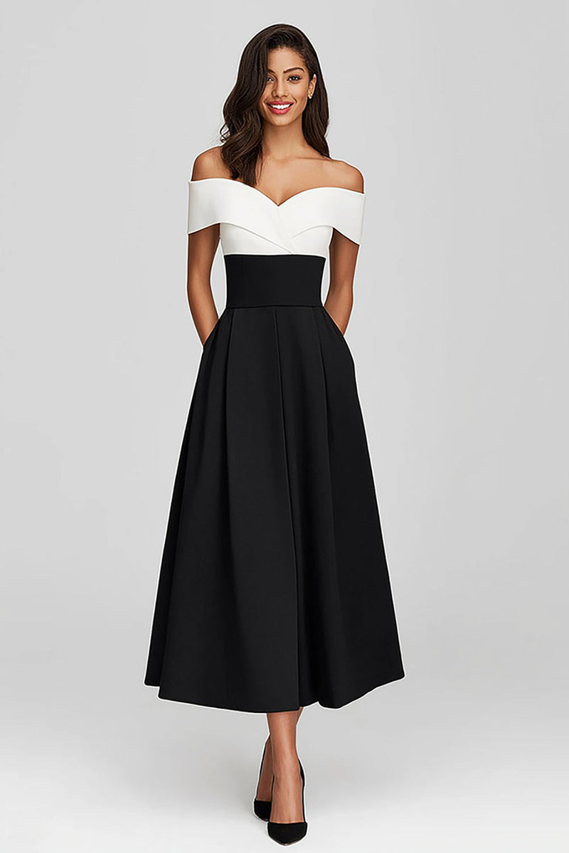 Load image into Gallery viewer, Women Satin Black and White Tea Length Formal Dress Off the Shoulder A-Line Black Tie Dress