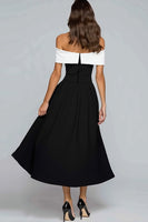 Load image into Gallery viewer, Black and White A-Line Off the Shoulder Tea Length Formal Dress with Bow