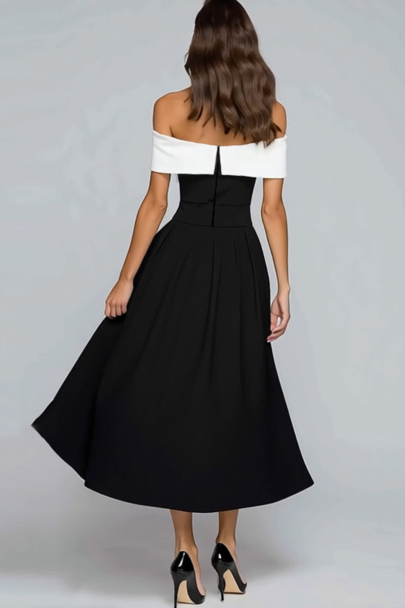Load image into Gallery viewer, Black and White A-Line Off the Shoulder Tea Length Formal Dress with Bow