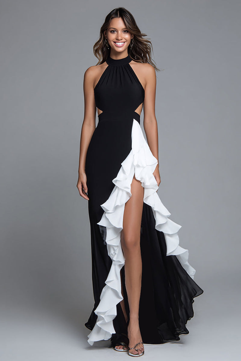 Load image into Gallery viewer, Black and White Cut-Out Halter Long Formal Dress with Ruffles