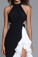 Load image into Gallery viewer, Black and White Cut-Out Halter Long Formal Dress with Ruffles