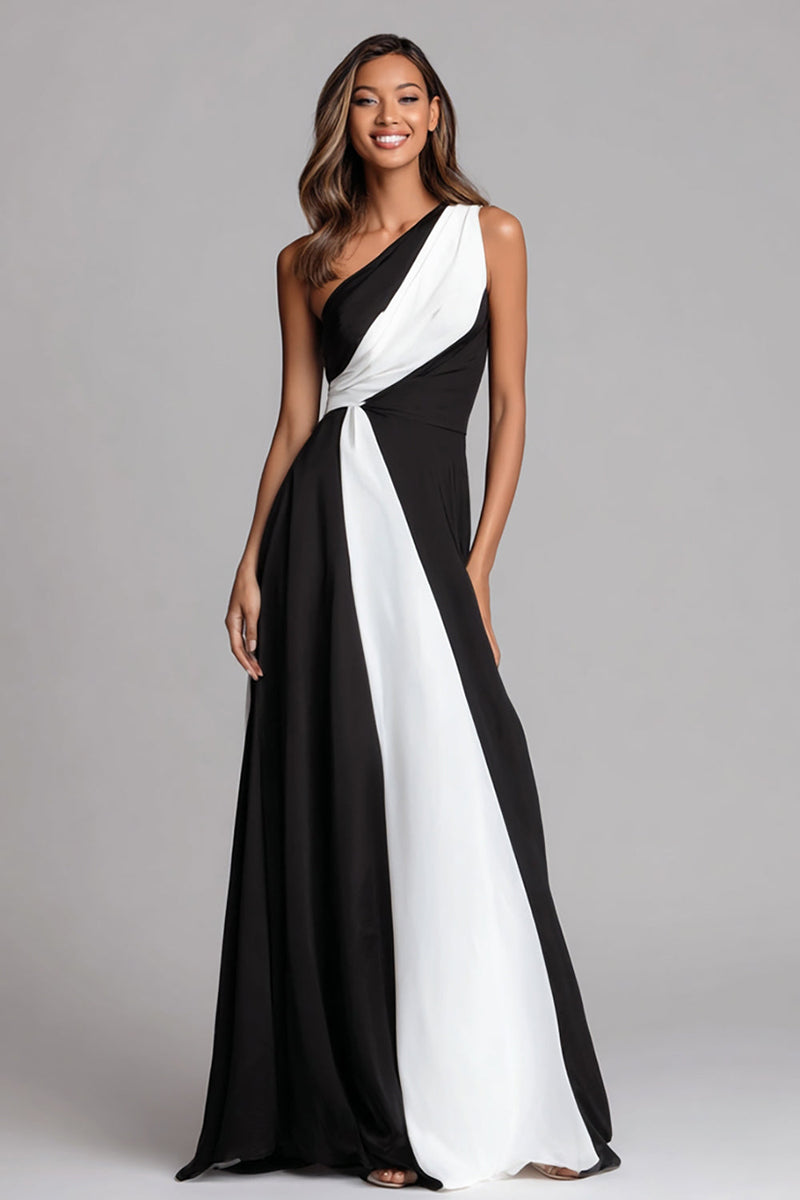 Load image into Gallery viewer, Black and White One Shoulder Sheath Ruched Long Formal Dress