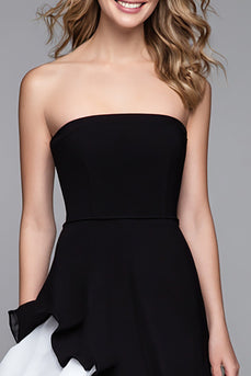 Black and White A-Line Ruffled Strapless Long Formal Dress with Slit