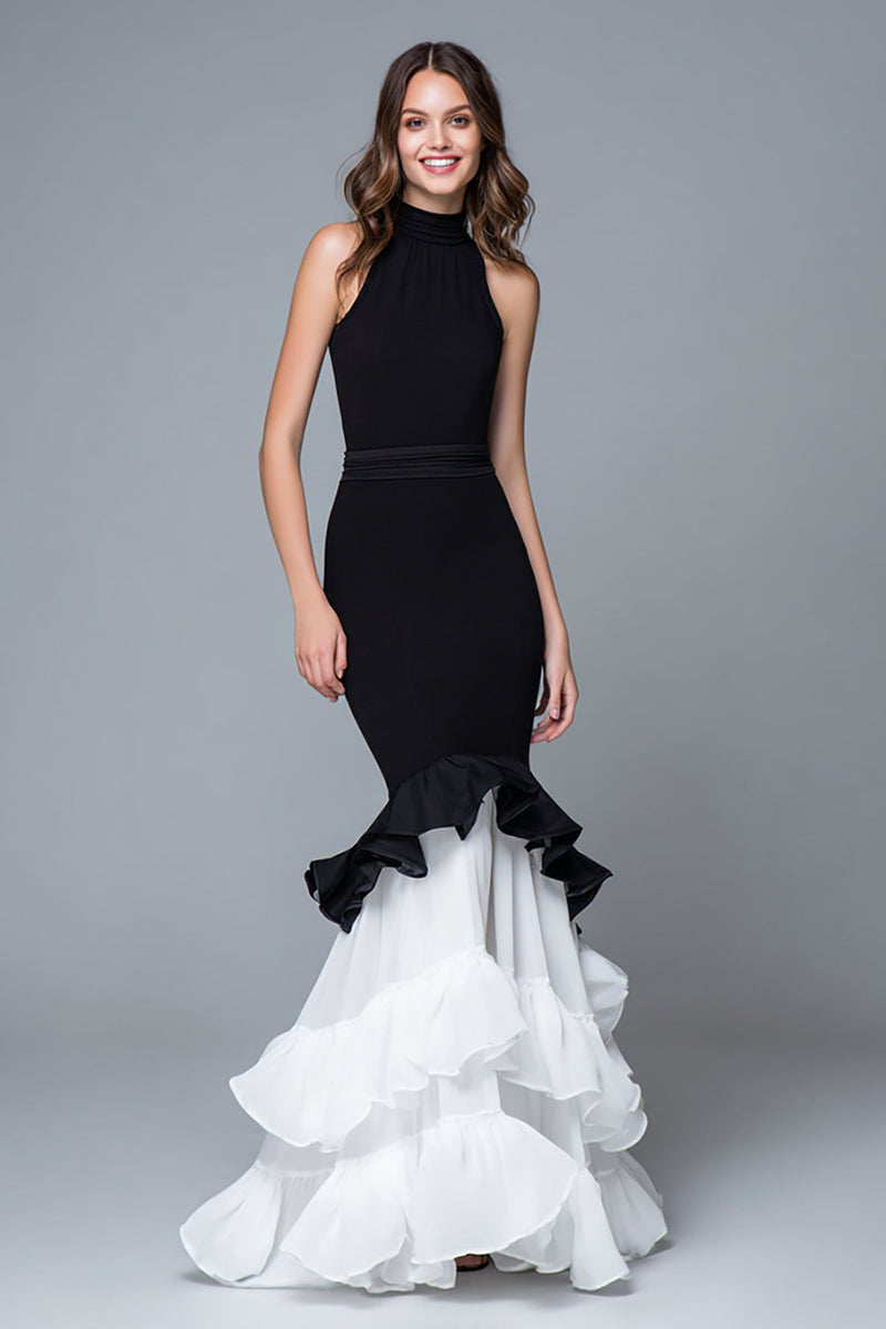 Load image into Gallery viewer, Mermaid Black and White High Neck Ruffled Long Formal Dress