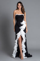 Load image into Gallery viewer, Black and White Strapless Ruffled Mermaid Long Formal Dress with Slit