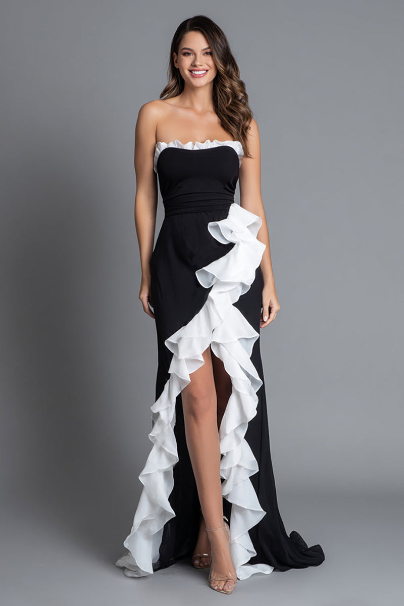 Load image into Gallery viewer, Black and White Strapless Ruffled Mermaid Long Formal Dress with Slit