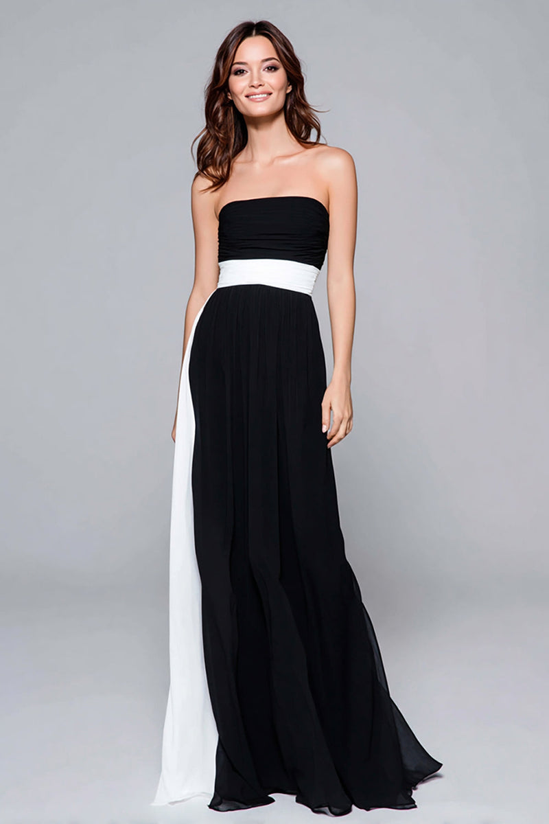 Load image into Gallery viewer, Black and White Strapless Ruched Sheath Long Formal Dress