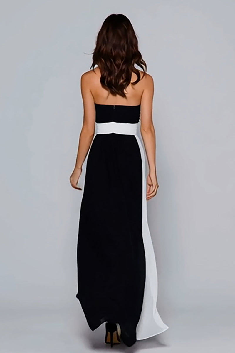Load image into Gallery viewer, Black and White Strapless Ruched Sheath Long Formal Dress