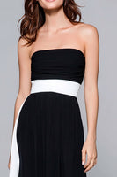 Load image into Gallery viewer, Black and White Strapless Ruched Sheath Long Formal Dress