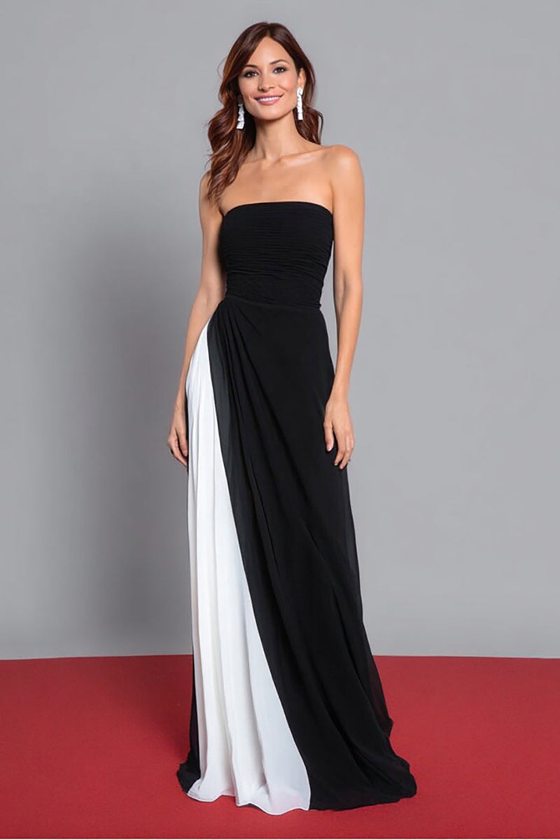 Load image into Gallery viewer, Black and White Strapless Sheath Ruched Long Formal Dress