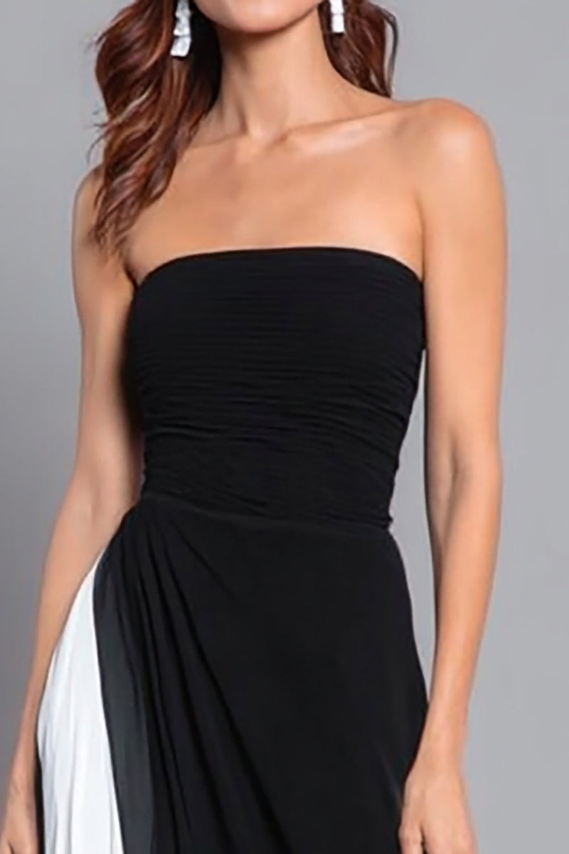 Load image into Gallery viewer, Black and White Strapless Sheath Ruched Long Formal Dress