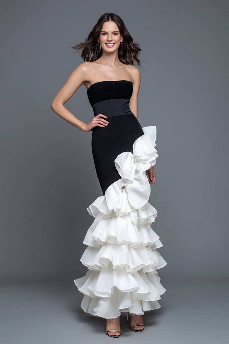 Load image into Gallery viewer, Mermaid Black and White Strapless Ruffled Formal Dress
