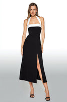 Load image into Gallery viewer, Black and White Tea Length Sheath Halter Formal Dress with Slit