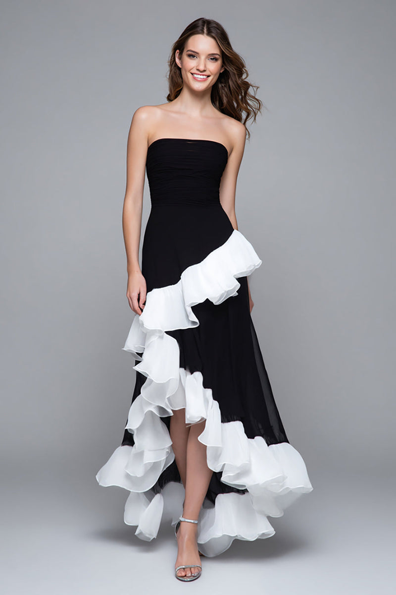 Load image into Gallery viewer, Black and White Sheath Ruffled Strapless Long Formal Dress