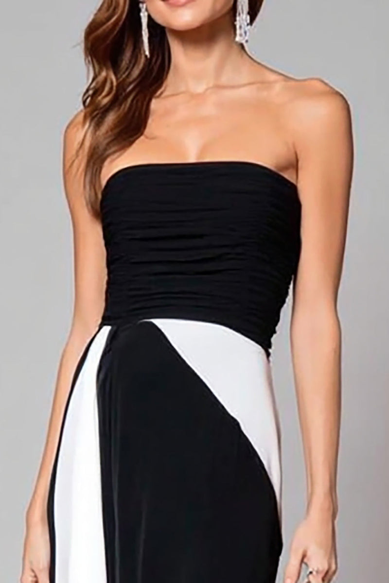 Load image into Gallery viewer, Black and White Mermaid Ruched Strapless Long Formal Dress
