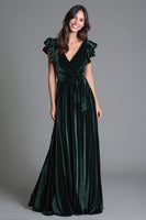 Load image into Gallery viewer, Dark Green Velvet V-Neck A-Line Long Holiday Party Dress with Ruffles