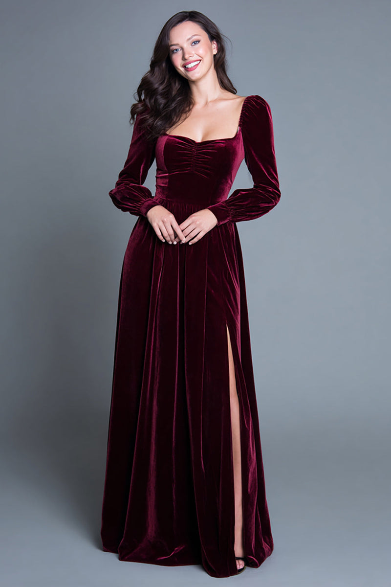 Load image into Gallery viewer, Burgundy Velvet Long Sleeves A-Line Long Holiday Party Dress with Slit
