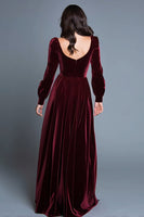 Load image into Gallery viewer, Burgundy Velvet Long Sleeves A-Line Long Holiday Party Dress with Slit