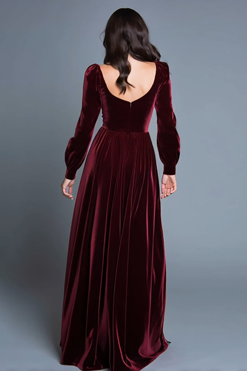 Load image into Gallery viewer, Burgundy Velvet Long Sleeves A-Line Long Holiday Party Dress with Slit
