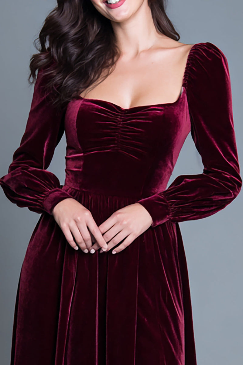 Load image into Gallery viewer, Burgundy Velvet Long Sleeves A-Line Long Holiday Party Dress with Slit