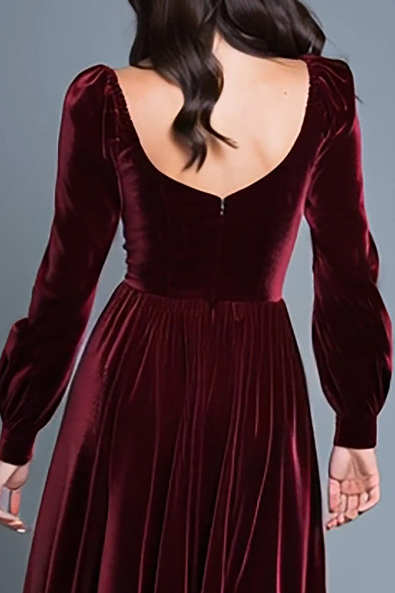 Load image into Gallery viewer, Burgundy Velvet Long Sleeves A-Line Long Holiday Party Dress with Slit