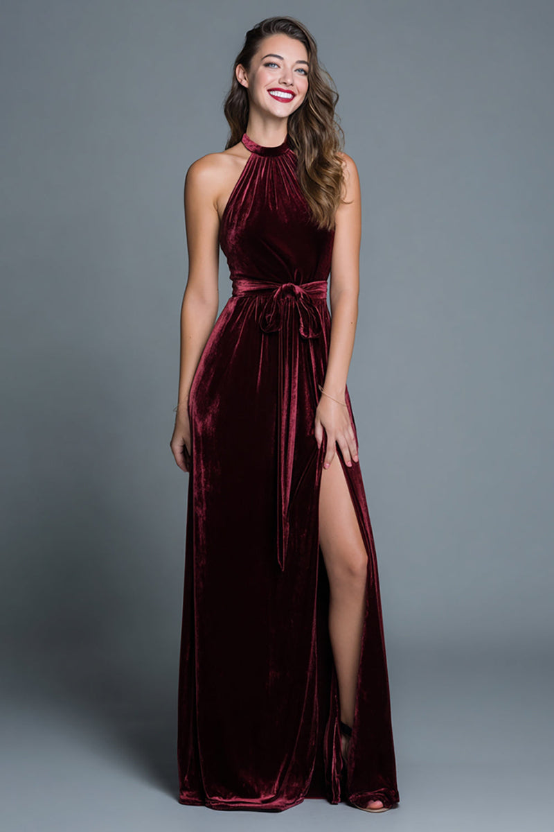 Load image into Gallery viewer, Burgundy Velvet A-Line Halter Long Holiday Party Dress with Slit