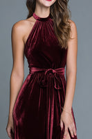 Load image into Gallery viewer, Burgundy Velvet A-Line Halter Long Holiday Party Dress with Slit