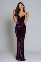 Load image into Gallery viewer, Women Plum Long Holiday Party Dress Velvet Spaghetti Straps Mermaid Formal Dress