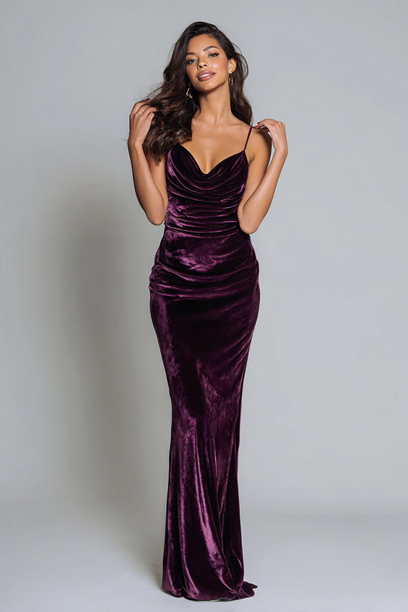 Load image into Gallery viewer, Women Plum Long Holiday Party Dress Velvet Spaghetti Straps Mermaid Formal Dress