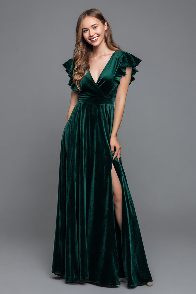 Load image into Gallery viewer, Dark Green Velvet V-Neck A-Line Long Holiday Party Dress with Slit