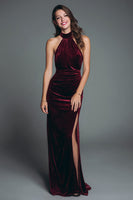 Load image into Gallery viewer, Women Burgundy Velvet Long Holiday Party Dress with Slit Halter Ruched Mermaid Formal Dress