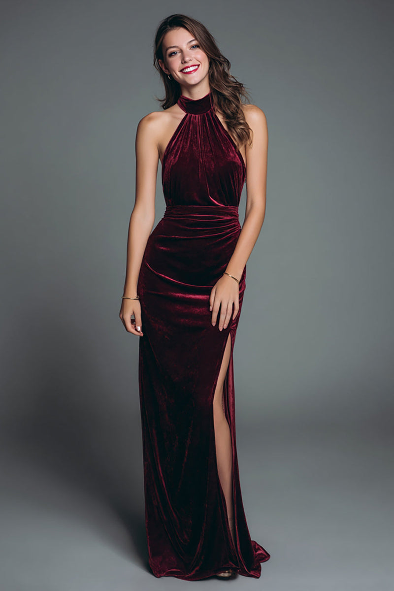 Load image into Gallery viewer, Women Burgundy Velvet Long Holiday Party Dress with Slit Halter Ruched Mermaid Formal Dress