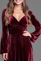Load image into Gallery viewer, Burgundy Velvet V-Neck A-Line Long Holiday Party Dress with Sleeves