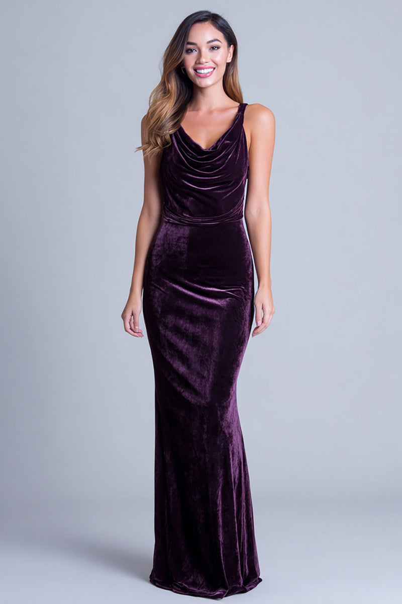 Load image into Gallery viewer, Plum Mermaid Cowl Neck Velvet Long Holiday Party Dress