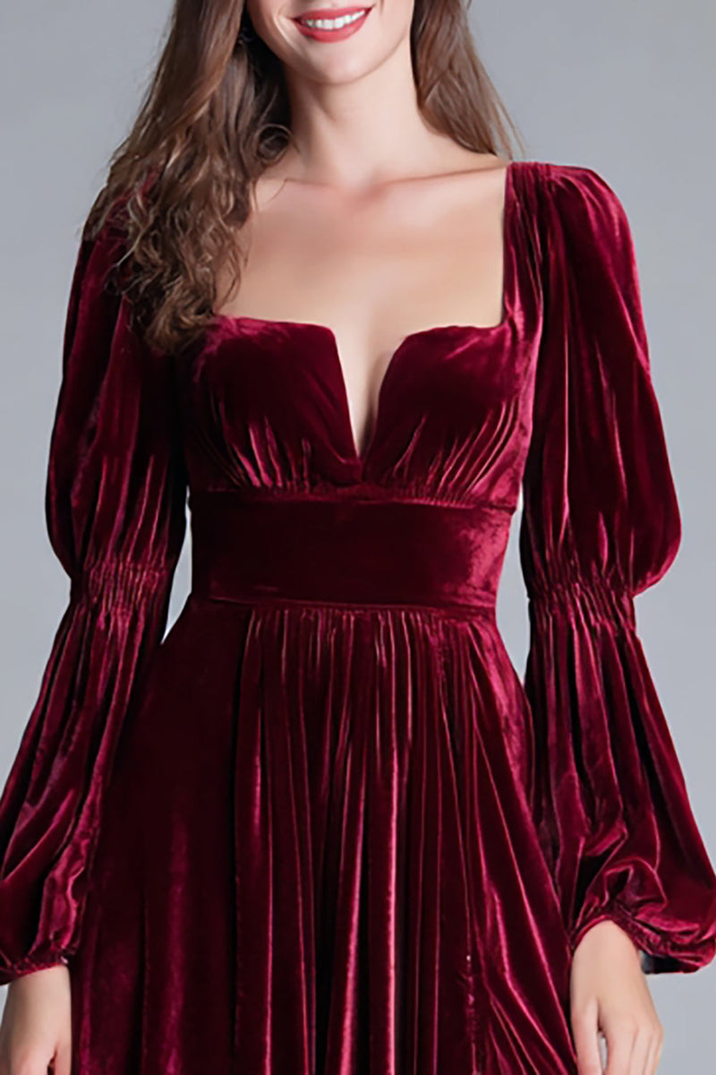 Load image into Gallery viewer, Burgundy A-Line Puff Sleeves Velvet Long Holiday Party Dress with Slit