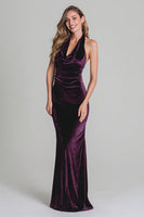 Load image into Gallery viewer, Plum Mermaid Halter Velvet Ruched Long Holiday Party Dress