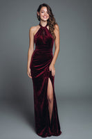 Load image into Gallery viewer, Burgundy Velvet Halter Mermaid Long Holiday Party Dress with Slit