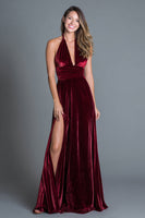 Load image into Gallery viewer, Burgundy Velvet Halter A-Line Long Holiday Party Dress with Slit